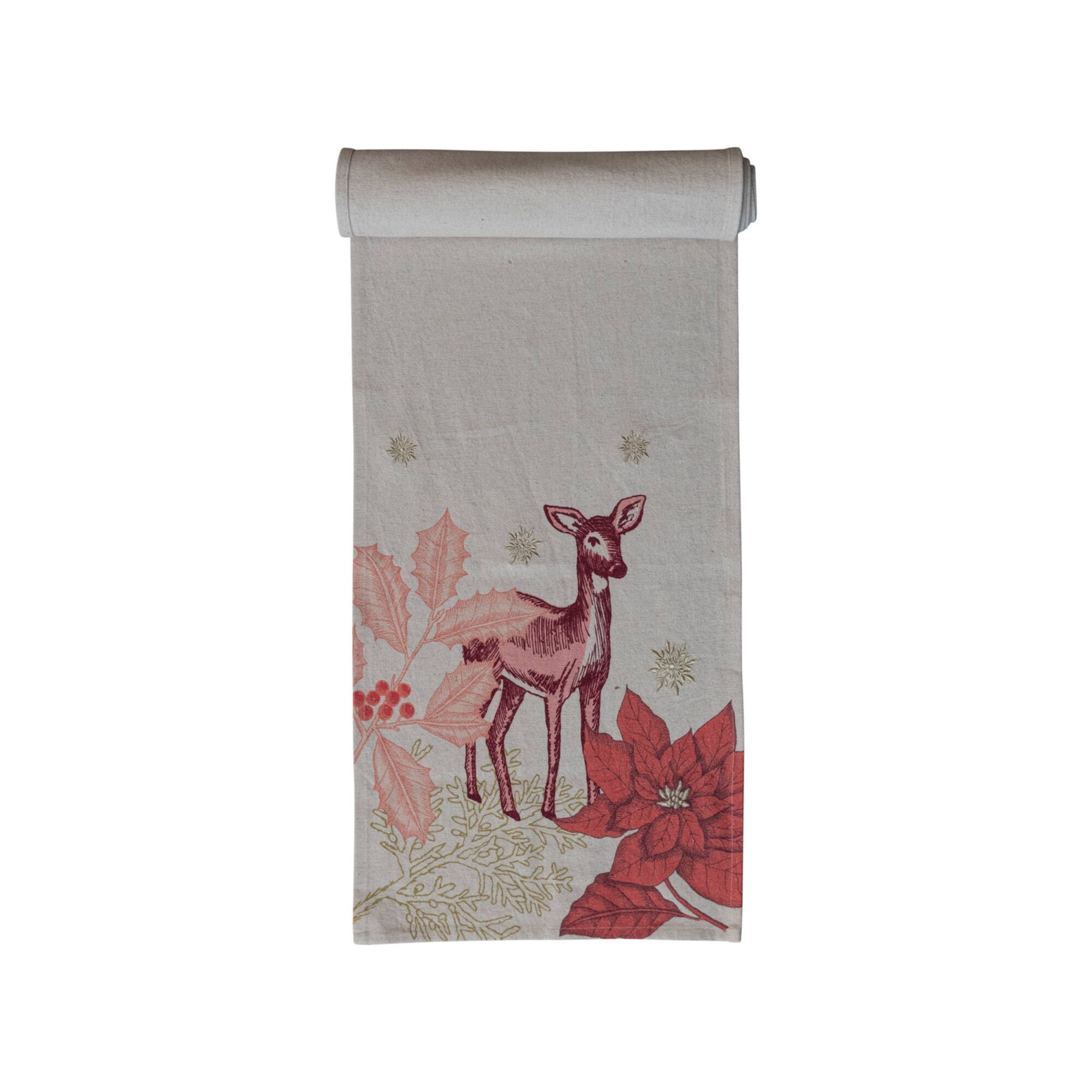 Hello Honey® 72" Natural White Cotton & Linen Printed Table Runner with Flora/Fauna Pattern & Metallic Gold Thread Embroidery